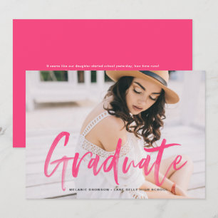 Hot Pink Watercolor Lettering Photo Graduation Invitation
