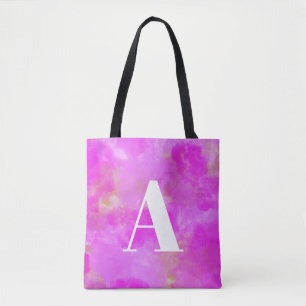 Hot Pink Watercolor Monogram Typography Tote Bag
