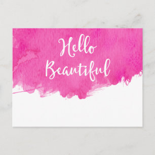Hot Pink Watercolor Paint Splatter Hello Beautiful Postcard