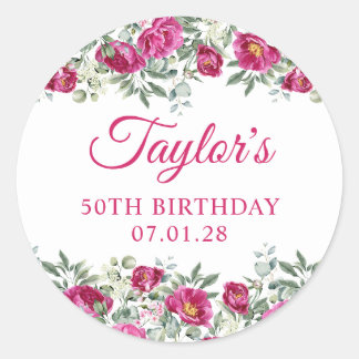 Hot Pink Watercolor Peonies 50th Birthday Classic Round Sticker