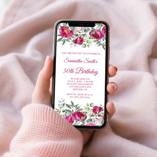 Hot Pink Watercolor Peonies 50th Birthday Invitation (Hot Pink Watercolor Peonies 50th Birthday Invitation)