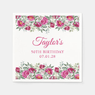Hot Pink Watercolor Peonies 50th Birthday Napkin