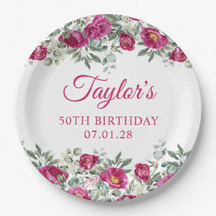Hot Pink Watercolor Peonies 50th Birthday Paper Plate