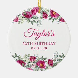 Hot Pink Watercolor Peonies 50th Birthday Photo Ceramic Tree Decoration