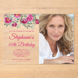 Hot Pink Watercolor Peonies Photo 50th Birthday Acrylic Invitations
