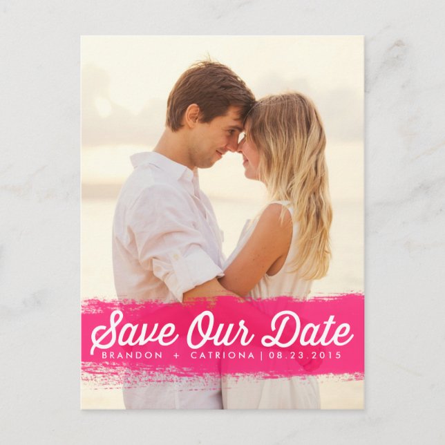 HOT PINK WATERCOLOR SPLASH SAVE THE DATE POSTCARD (Front)