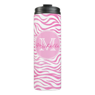 Hot Pink Watercolor Zebra Print   Monogram Thermal Tumbler