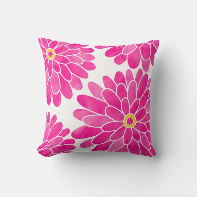 Hot Pink Watercolor Zinnias Cushion (Front)