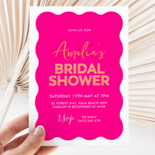 Hot Pink Wave Curve Modern Bright Bridal Shower Invitation
