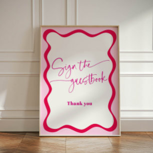 Hot Pink Wavy Border Guestbook Colourful Pedestal Sign