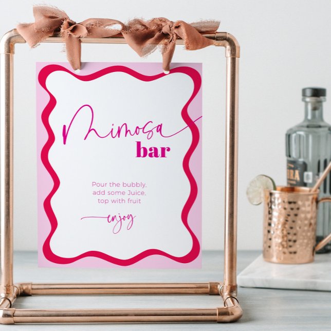 Hot Pink Wavy Border Mimosa Bar Cocktail Drinks Pedestal Sign (Colorful hot pink wavy border mimosa bar sign)