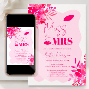 Hot pink wavy frame red pink floral bridal shower invitation