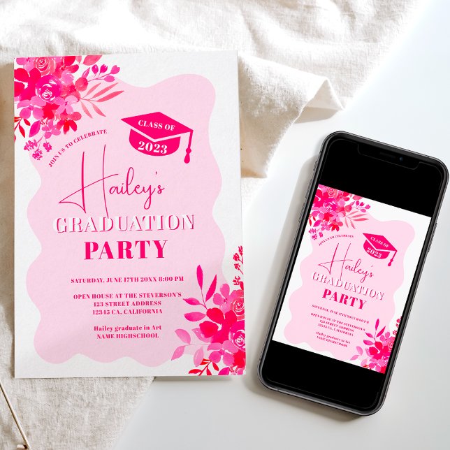 Hot pink wavy frame red pink floral graduation invitation (Creator Uploaded)