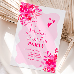 Hot pink wavy frame red pink floral Sweet 16 Invitation