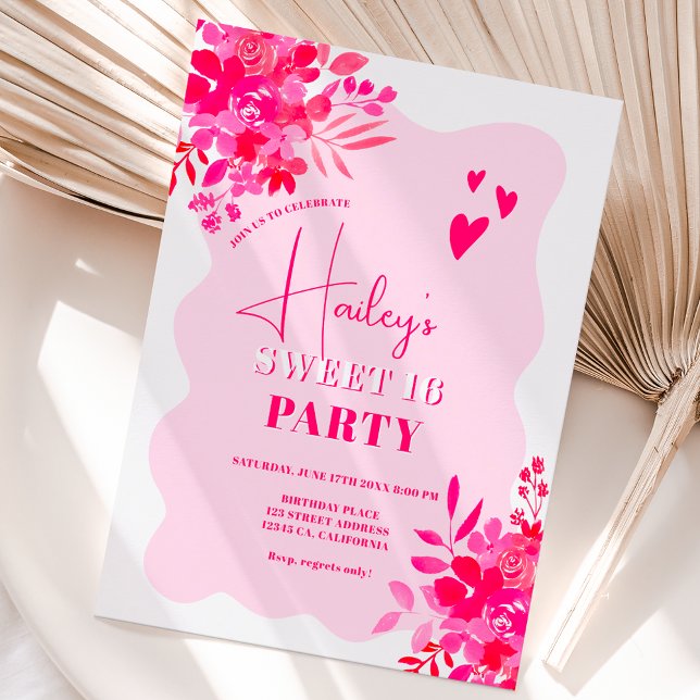 Hot pink wavy frame red pink floral Sweet 16 Invitation (Creator Uploaded)