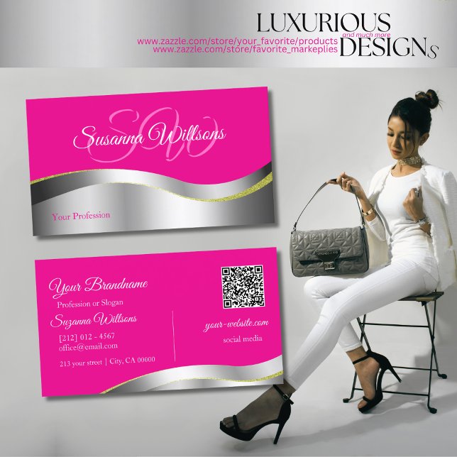Hot Pink Wavy Silver Decor with Initials QR Code Business Card (Creator Uploaded)