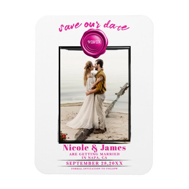 Hot Pink Wax Seal Photo Wedding Save the Date Magnet (Vertical)