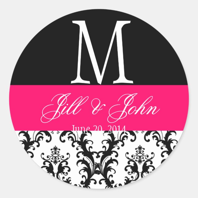 Hot Pink Wedding Monogram Date Damask Seal (Front)