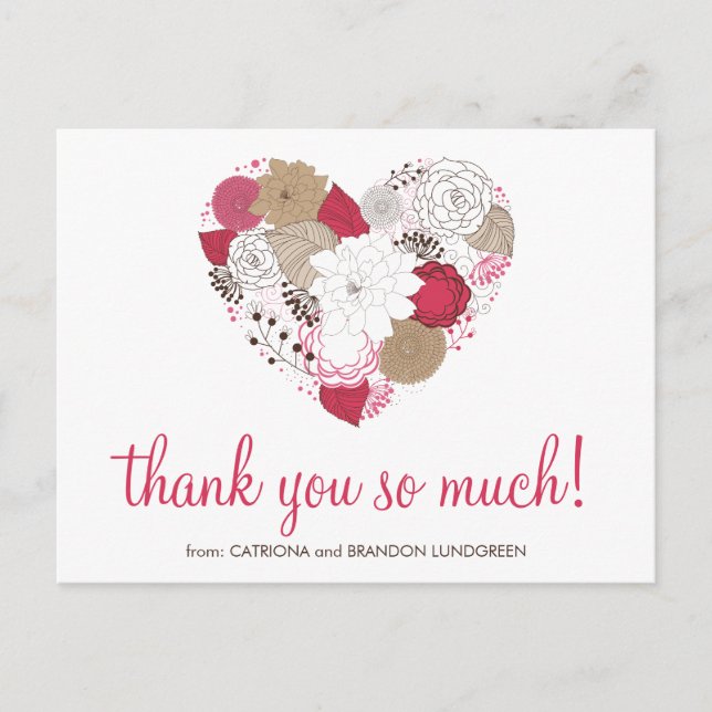 Hot Pink Whimsical Floral Heart Thank You Postcard (Front)