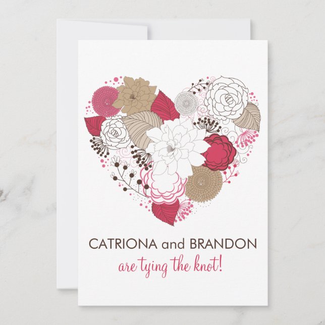 Hot Pink Whimsical Floral Heart Wedding Invitation (Front)