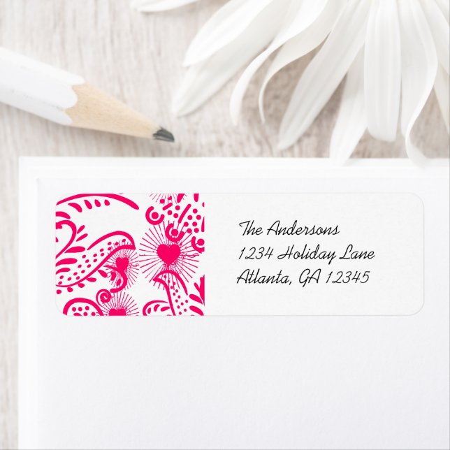 Hot Pink Whimsical Love Birds Return Address (Insitu)