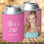 Hot Pink White 21st Birthday Name Photo Can Cooler<br><div class="desc">Cute hot pink 21st birthday party can cooler personalised with the name and age of the guest of honour on the front and her photo on the back</div>