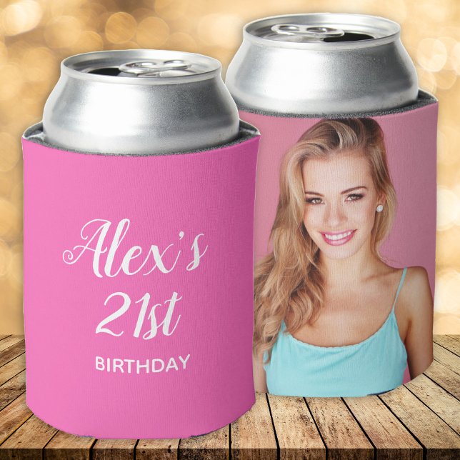 Hot Pink White 21st Birthday Name Photo Can Cooler (Hot pink 21st birthday party photo can cooler)