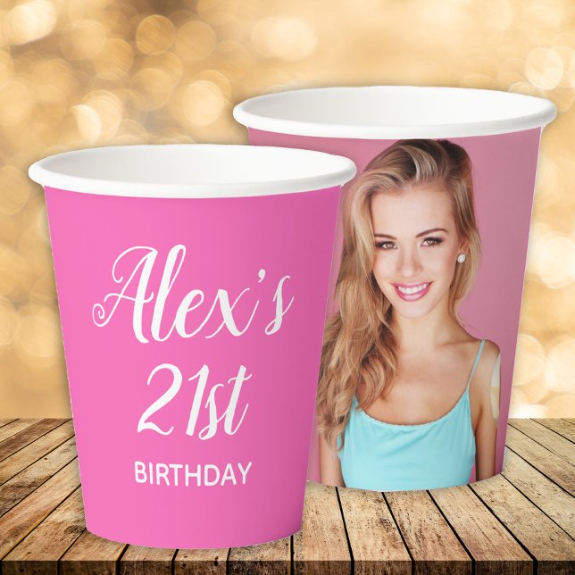 Hot Pink White 21st Birthday Name Photo Paper Cups (Pink birthday party photo paper cups)