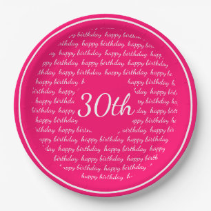 Hot Pink White 30th Happy Birthday Typography Paper Plate