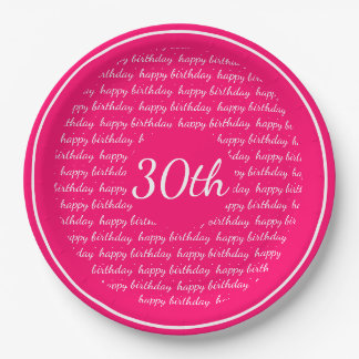 Hot Pink White 30th Happy Birthday Typography Paper Plate