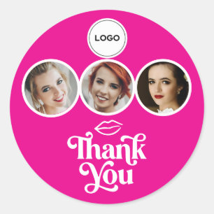 Hot Pink White 3 Photo Makeup Logo Thank You Classic Round Sticker