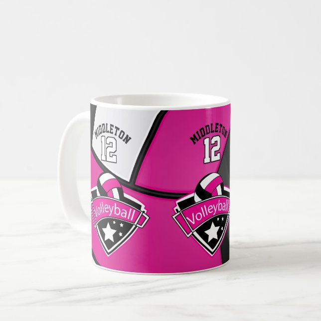 Hot Pink, White and Black Volleyball Coffee Mug (Front Left)