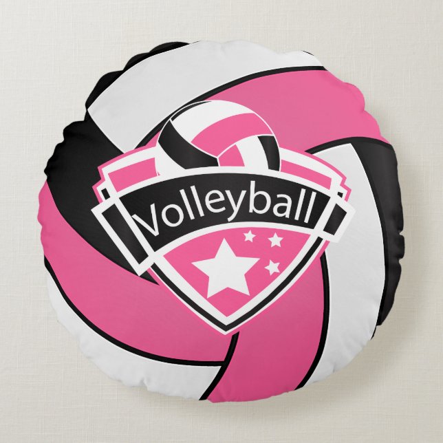 Hot Pink , White and Black Volleyball Round Cushion (Front)