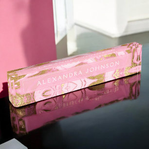 Hot Pink, White and Gold Foil Modern Marble Nameplate