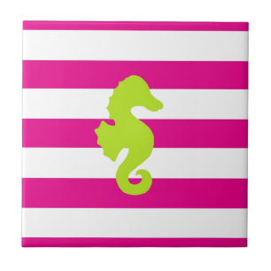 Hot Pink White and Green Seahorse Tile