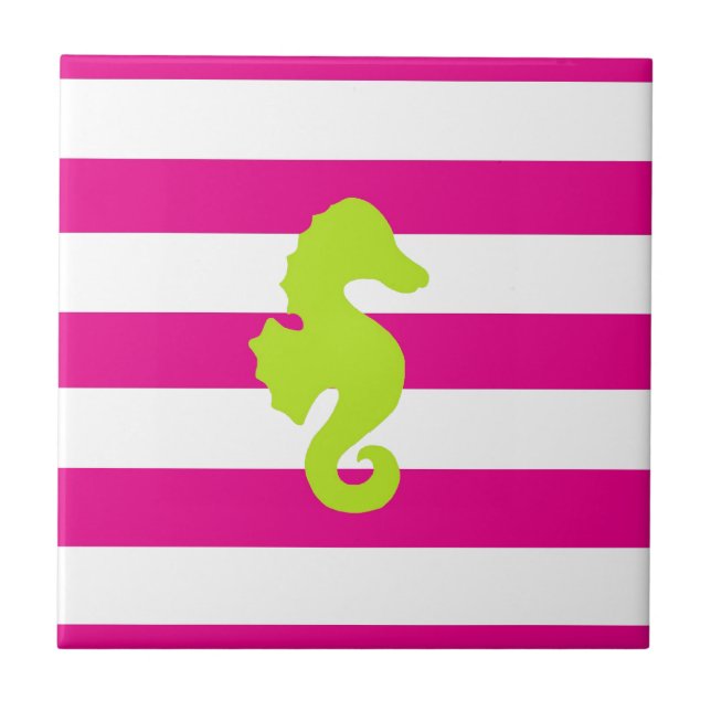 Hot Pink White and Green Seahorse Tile (Front)