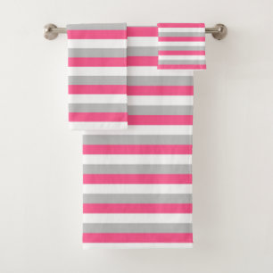 Hot Pink, White and Grey Stripes Bath Towel Set