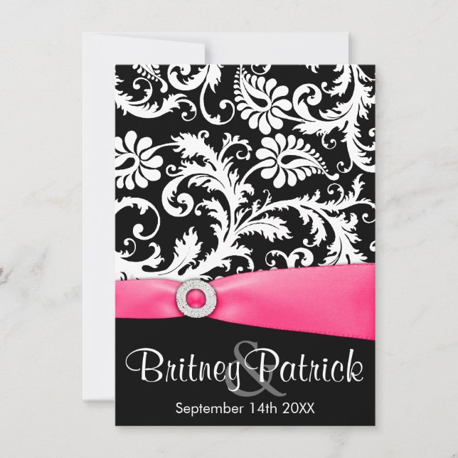 Hot Pink White & Black Damask Wedding Invitations (Front)