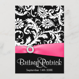 Hot Pink White & Black Damask Wedding Invitations