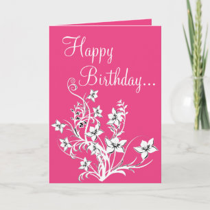 Hot Pink White & Black Floral Happy Birthday Card