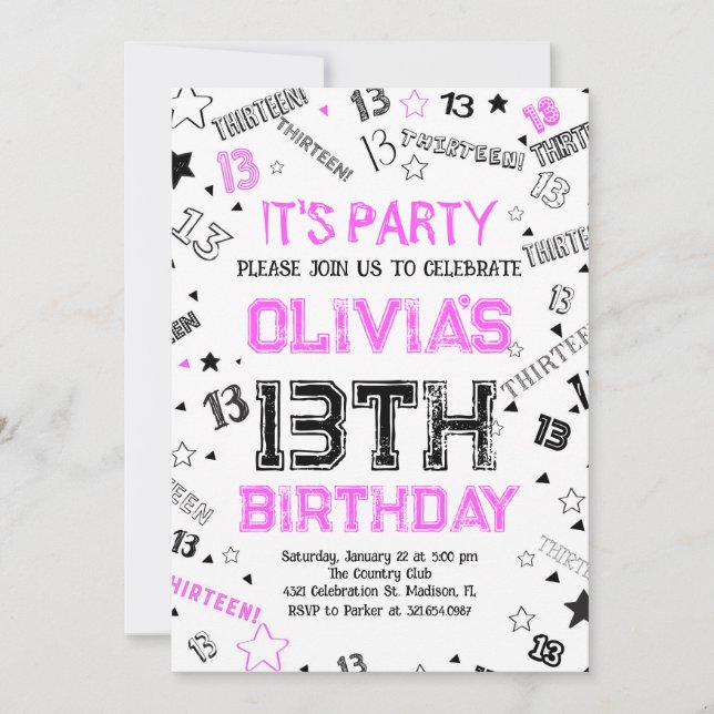 Hot Pink White Boy Number Thirteen Birthday Party Invitation (Front)