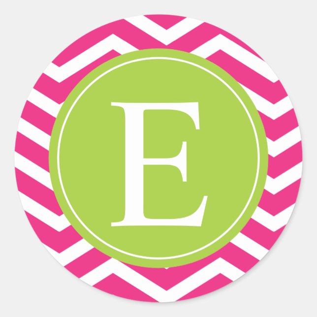 Hot Pink White Chevron Green Monogram Classic Round Sticker (Front)