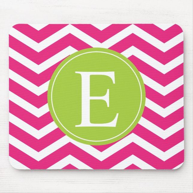 Hot Pink White Chevron Green Monogram Mouse Mat (Front)