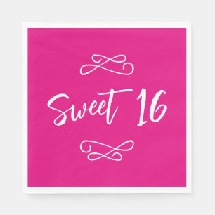Hot Pink White Chic Doodle Modern Script Sweet 16 Napkin