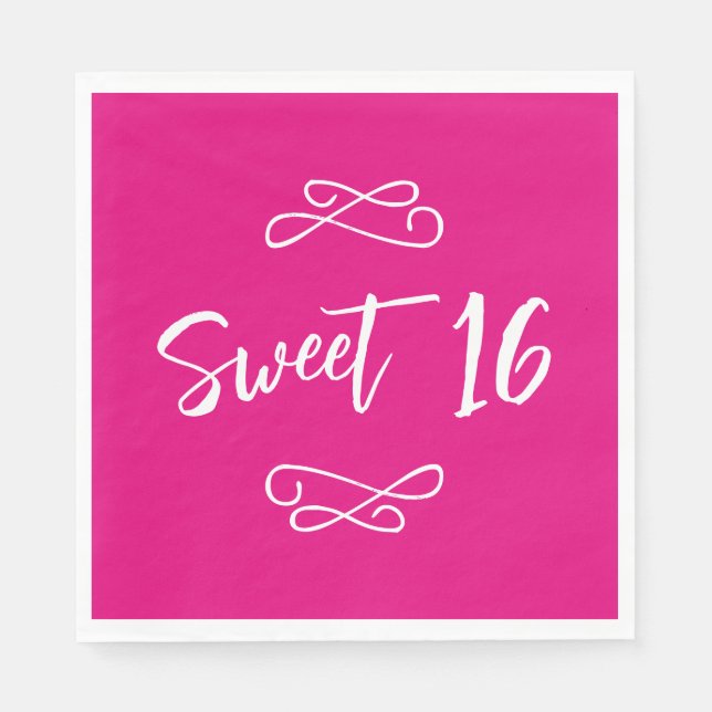 Hot Pink White Chic Doodle Modern Script Sweet 16 Napkin (Front)