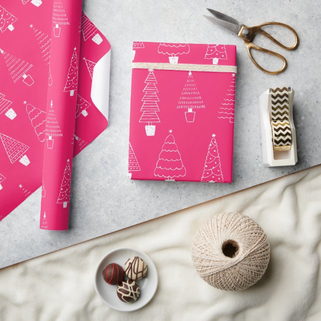 Hot Pink White Christmas Woodland Tree pattern Wrapping Paper (Crafts)