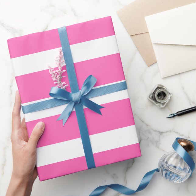 Hot Pink White Classic Horizontal Striped Wrapping Paper (Gifting)