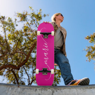 Hot Pink White Classy Curved Swash Signature Name Skateboard