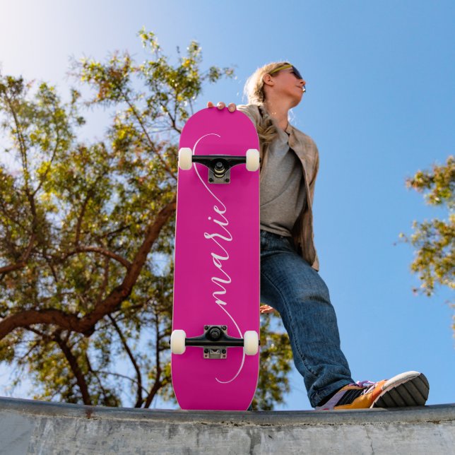 Hot Pink White Classy Curved Swash Signature Name Skateboard (Outdoor 1)