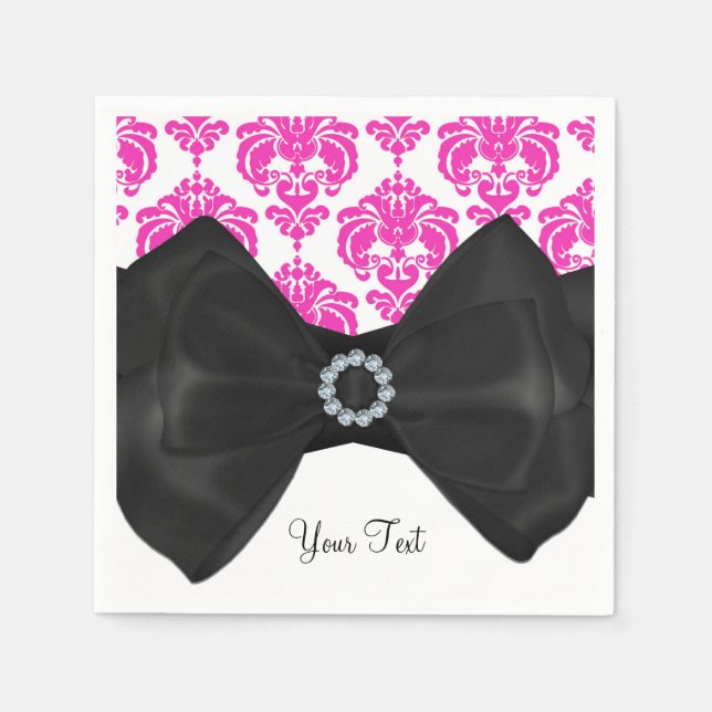 Hot Pink & White Damask Bling Bow Sweet 16 Party Napkin (Front)